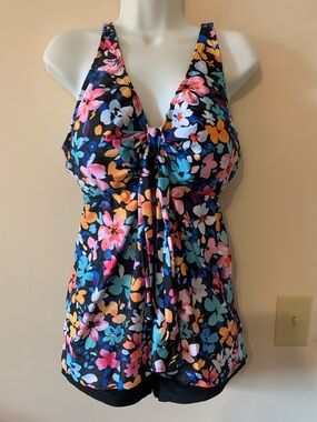 Black Floral One-Piece Tankini swimsuit Set with Multi-Color Print